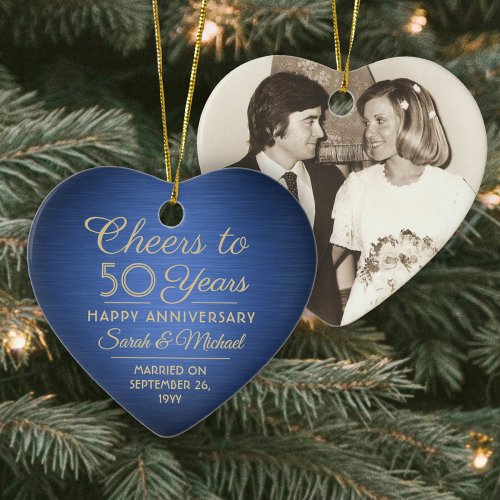 1 Photo ANY Anniversary Cheers Blue and Gold Heart Ceramic Ornament