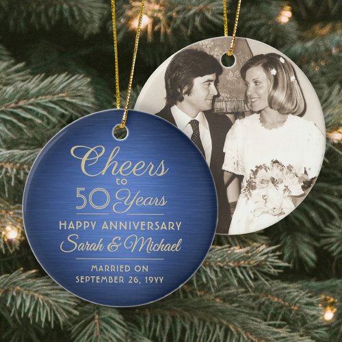 1 Photo ANY Anniversary Cheers Brushed Blue  Gold Ceramic Ornament