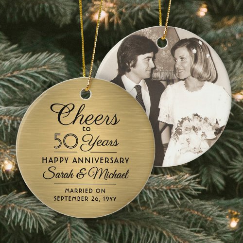 1 Photo ANY Anniversary Cheers Brushed Faux Gold Ceramic Ornament