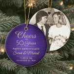 1 Photo ANY Anniversary Cheers Brushed Purple Gold Ceramic Ornament<br><div class="desc">Cheers and Happy Anniversary! Celebrate any year wedding anniversary with a custom photo purple and gold round ceramic ornament. Picture, number of years, couple's names, and marriage date on this template are all simple to personalize. Design features a purple faux brushed metallic background, vintage art deco style typography, elegant script...</div>