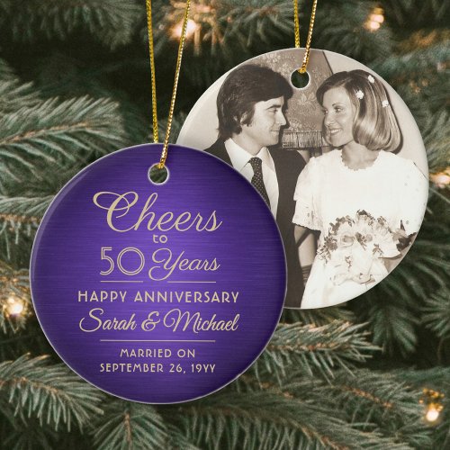 1 Photo ANY Anniversary Cheers Brushed Purple Gold Ceramic Ornament