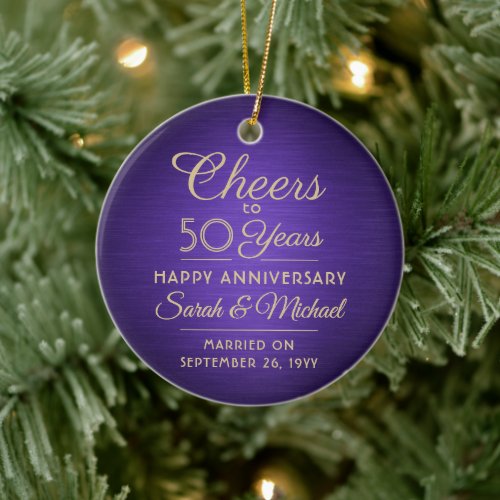 1 Photo ANY Anniversary Cheers Brushed Purple Gold Ceramic Ornament