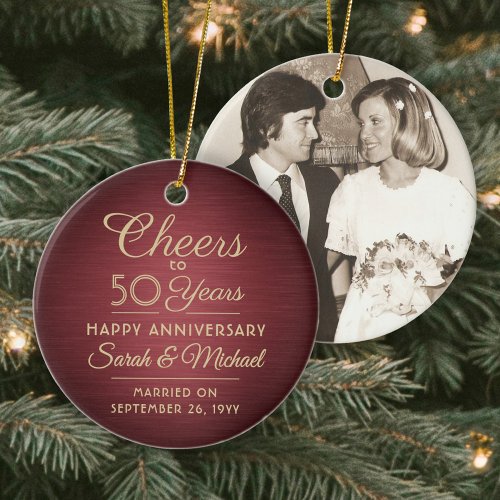 1 Photo ANY Anniversary Cheers Brushed Red  Gold Ceramic Ornament