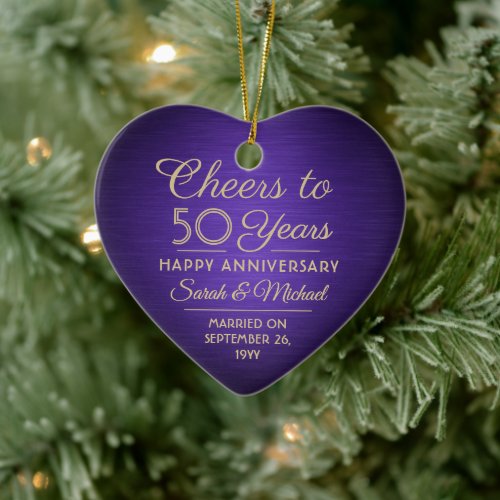 1 Photo ANY Anniversary Cheers Purple  Gold Heart Ceramic Ornament