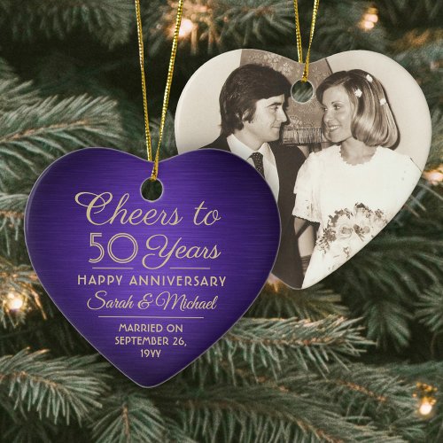 1 Photo ANY Anniversary Cheers Purple  Gold Heart Ceramic Ornament