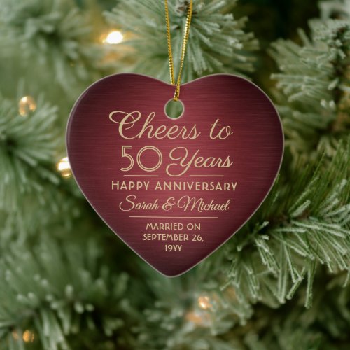 1 Photo ANY Anniversary Cheers Red and Gold Heart Ceramic Ornament