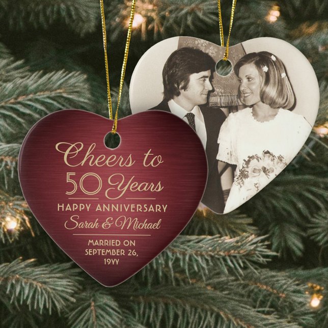 1 Photo ANY Anniversary Cheers Red and Gold Heart Ceramic Ornament (Creator Uploaded)