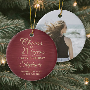 1 Photo ANY Birthday Brushed Burgundy & Gold Round Ceramic Ornament