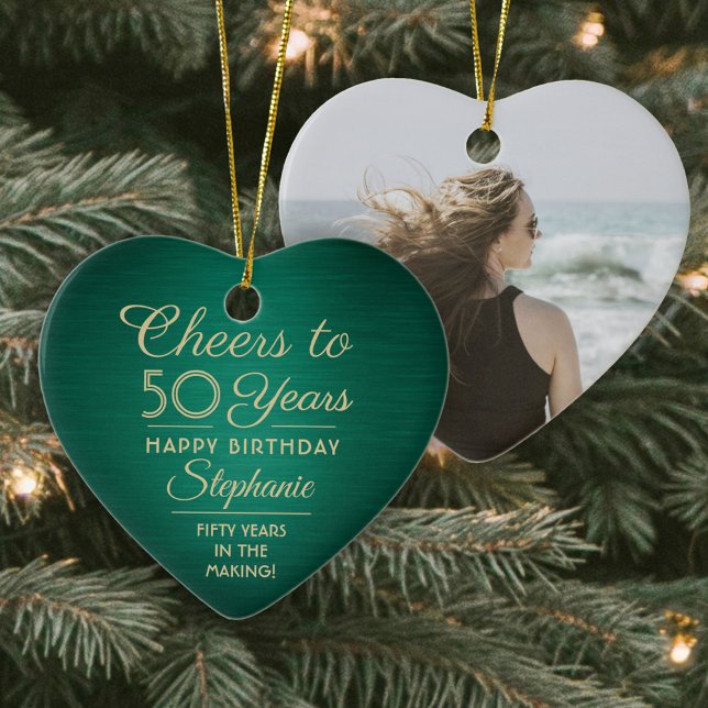 1 Photo ANY Birthday Brushed Green and Gold Heart Ceramic Ornament (Creator Uploaded)