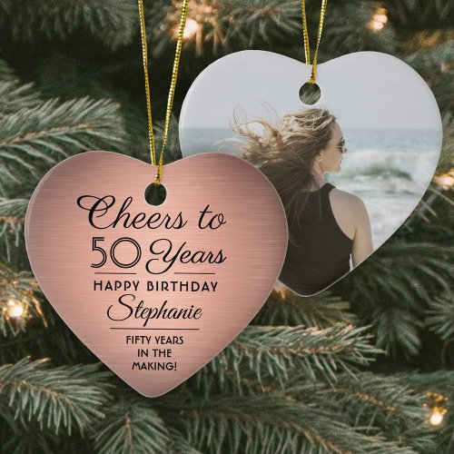 1 Photo ANY Birthday Brushed Pink Rose Gold Heart Ceramic Ornament