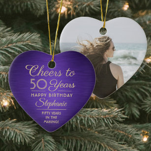 1 Photo ANY Birthday Brushed Purple and Gold Heart Ceramic Ornament
