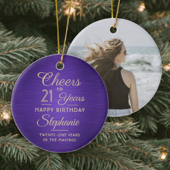 1 Photo Any Birthday Brushed Purple And Gold Round Ceramic Ornament by Memorable_Modern at Zazzle