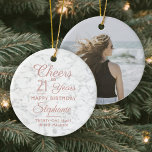 1 Photo ANY Birthday Pink White Faux Marble Round Ceramic Ornament<br><div class="desc">Cheers and Happy Birthday! Celebrate a joyful milestone birthday for her with a custom photo faux marble round ceramic ornament. All wording on this template (including "Cheers to 21 Years") is set up for a 21st birthday, but is simple to personalize for any year or event type. The pink and...</div>