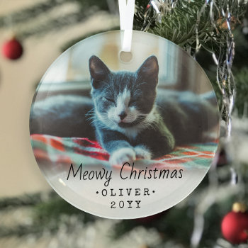 1 Photo Any Text Meowy Christmas Cat Simple Script Glass Ornament by Memorable_Modern at Zazzle