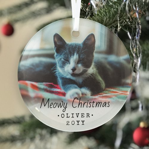 1 Photo Any Text Meowy Christmas Cat Simple Script Glass Ornament