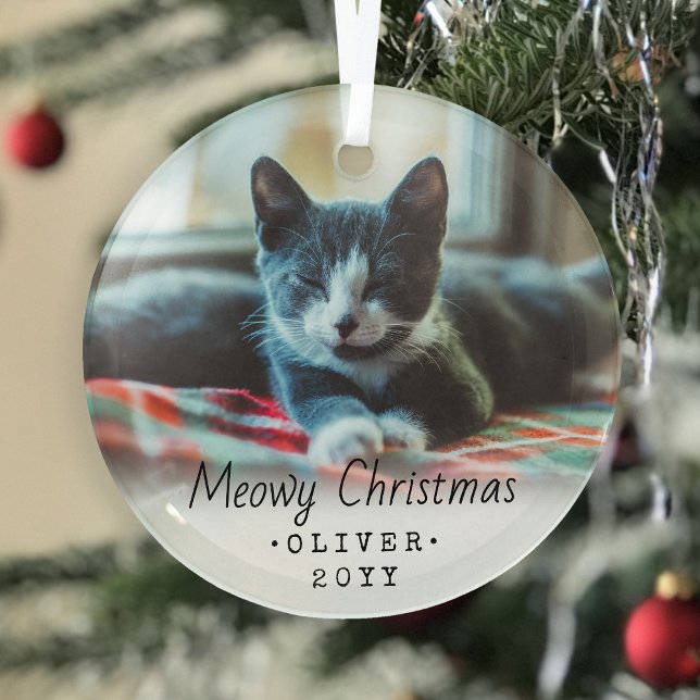 1 Photo Any Text Meowy Christmas Cat Simple Script Glass Ornament (Creator Uploaded)