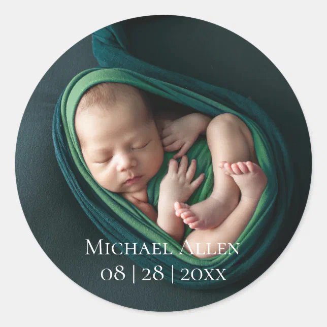 1 Photo Baby Birth Announcement Round Sticker | Zazzle