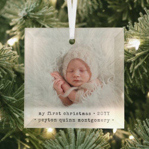 1 Photo Babys 1st Christmas Modern Minimal Square Glass Ornament