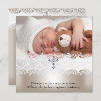 1 Photo Baptism White Beige Cross Baby Girl Boy Invitation
