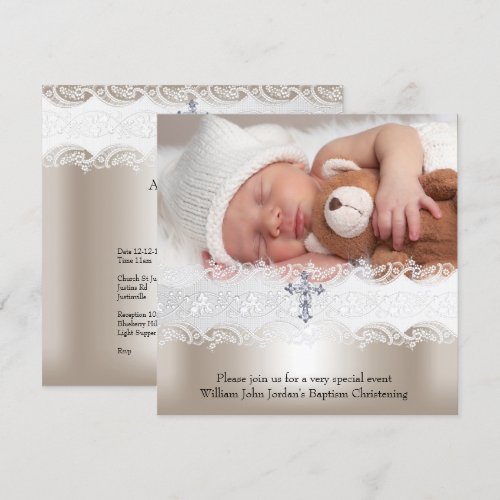 1 Photo Baptism White Beige Cross Baby Girl Boy Personalized Invite