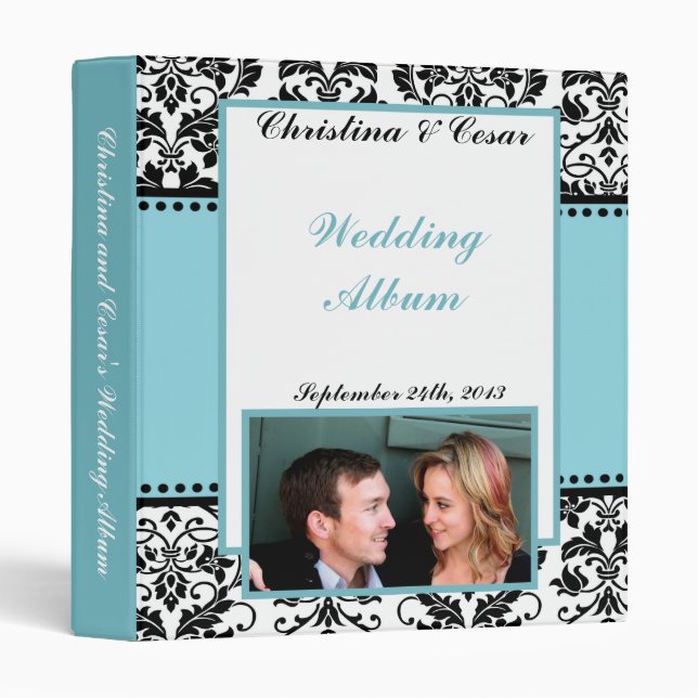 1" Photo Binder Scrapbook Black Damask Baby Blue (Front/Spine)