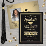 1 Photo Black and Gold Graduation Save the Date Announcement Postcard<br><div class="desc">Share the joyful news of an upcoming graduation party as well as a favorite picture with these elegant black and gold save the date postcard invitations. Photo and all text are simple to customize. (IMAGE PLACEMENT TIP: An easy way to center a photo exactly how you want is to crop...</div>