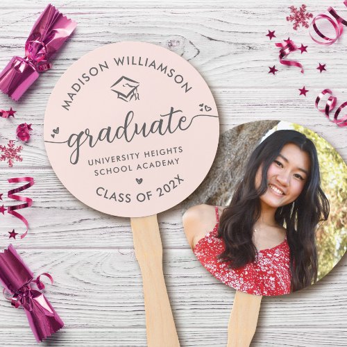 1 Photo Blush Pink Graduation Script Hearts Cap Hand Fan