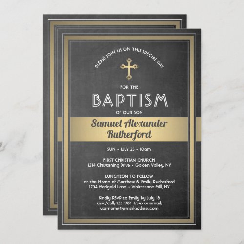 1 Photo Boy Baptism Chalkboard Elegant Black Gold Invitation