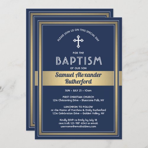 1 Photo Boy Baptism Elegant Navy Blue White  Gold Invitation
