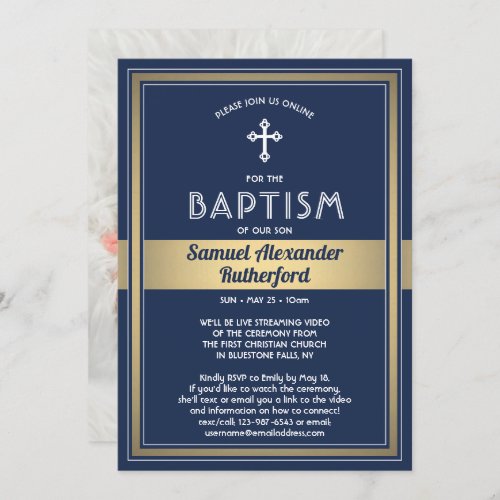 1 Photo Boy Virtual Baptism Ceremony Navy  Gold Invitation