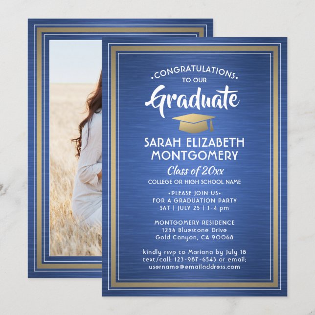 1 Photo Brushed Royal Blue and Gold Graduation Invitation (Front/Back)