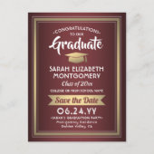 1 Photo Burgundy and Gold Graduation Save the Date Announcement Postcard (Front)