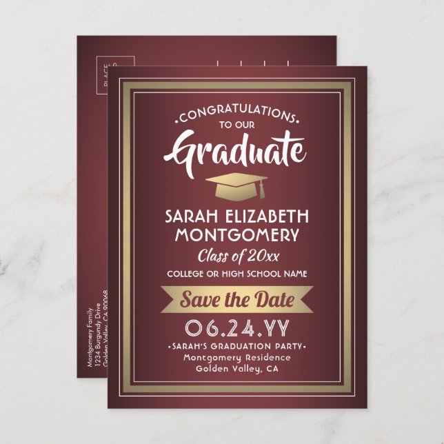1 Photo Burgundy and Gold Graduation Save the Date Announcement Postcard (Front/Back)