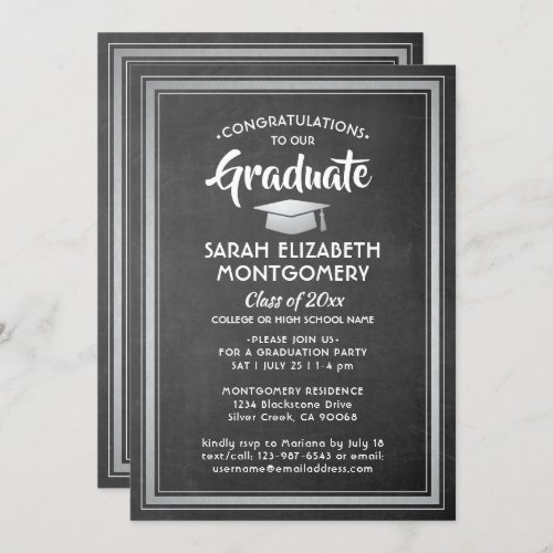 1 Photo Chalkboard Black White  Silver Graduation Invitation