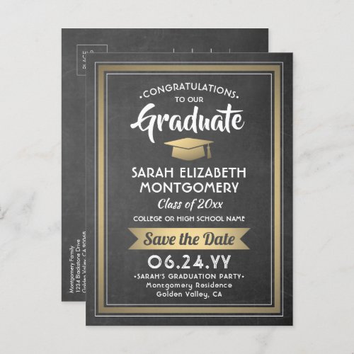 1 Photo Chalkboard  Gold Graduation Save the Date Announcement Postcard