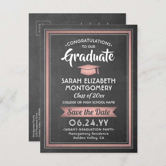 1 Photo Chalkboard & Pink Graduation Save the Date Announcement Postcard (Front/Back)