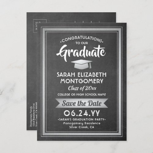 1 Photo Chalkboard Silver Graduation Save the Date Announcement Postcard