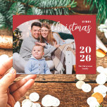 1 photo Christmas arch modern minimalist red Holiday Card<br><div class="desc">This elegant and modern Christmas greeting card features a minimalist design displaying 1 of your favorite family pictures inside a trendy arch frame. Easily customizable with your family name and the current year in stylish serif fonts over a festive red background.</div>