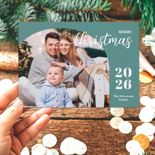 1 photo Christmas arch modern minimalist teal Holiday Card
