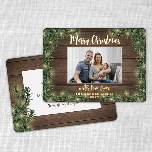 1 Photo Christmas Greenery, Rustic Wood & Lights Foil Holiday Card (Creator Uploaded)