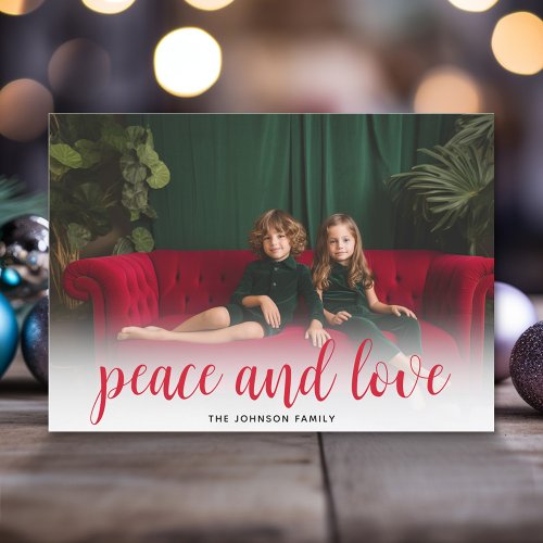 1 Photo Christmas Script Red Green Plaid Peace Holiday Card