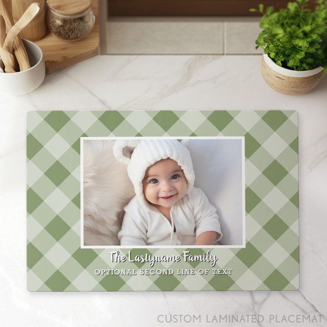 1 Photo Collage Family Name - Buffalo Check Green Placemat (Custom Placemat with Photo Collage)