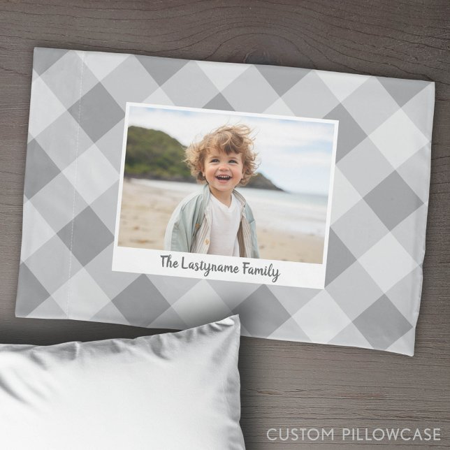 1 Photo Collage Family Name - Buffalo Check Grey Pillow Case (Custom Pillowcase with Photo Collage)