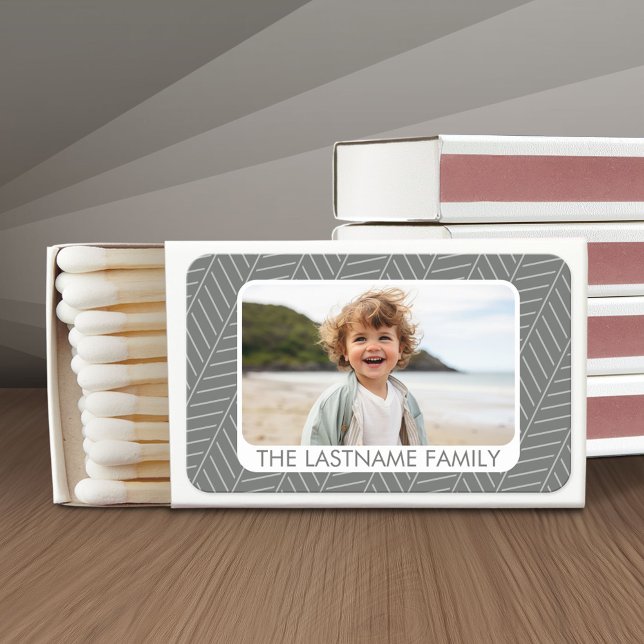 1 Photo Collage Family Name - Mod Herringbone Grey Matchboxes (Custom Matchboxes with Photo Collage)