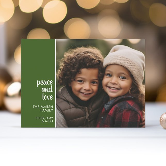 1 Photo Collage Minimal Christmas green peace love Holiday Card (1 Photo Modern Christmas Card - mod Calligraphy - green background - download option available)