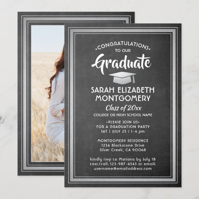 1 Photo Congratulations Chalkboard Gray Graduation Invitation (Front/Back)
