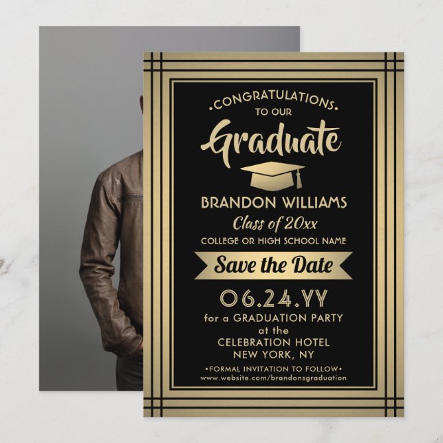 1 Photo Congratulations Graduate Black and Gold Save The Date (Front/Back)