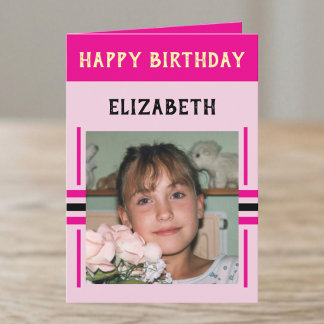 1 photo custom name pink birthday card
