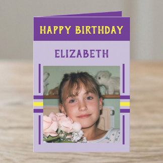 1 photo custom name purple birthday card