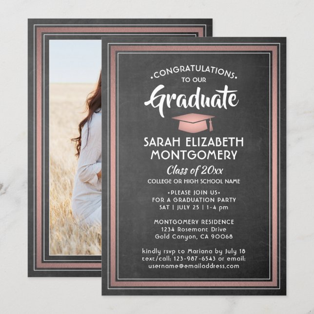 1 Photo Elegant Black Chalkboard & Pink Graduation Invitation (Front/Back)